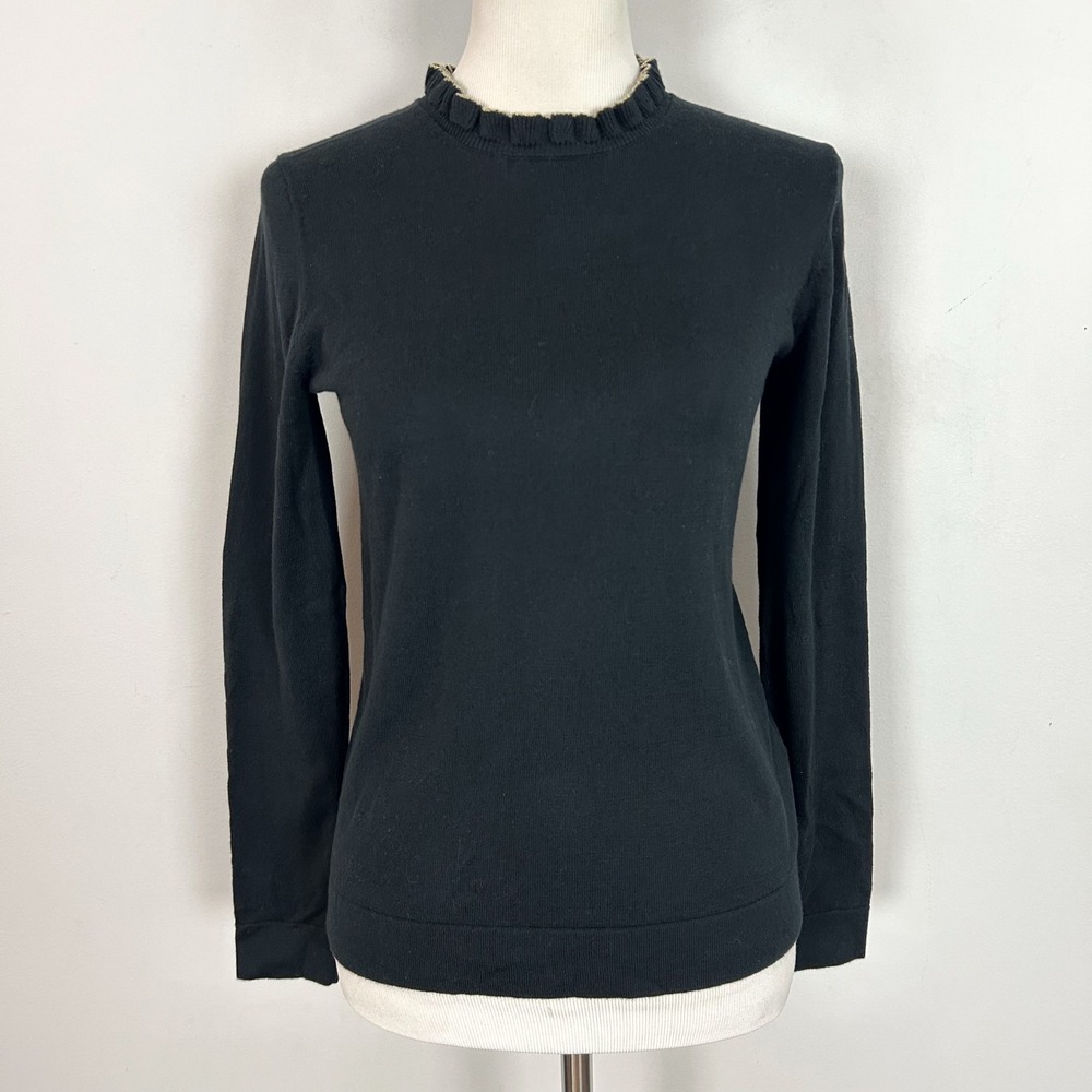 J. Crew Black Cotton Ruffle Neck Sweater Gold Trim CP336 Womens XS NWT